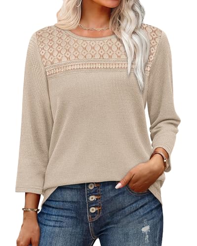OFEEFAN 3/4 Length Sleeve Womens Tops Early Fall Fashion 2025 Dressy Casual Blouses Lace Front Trendy Waffle Knit Shirts2