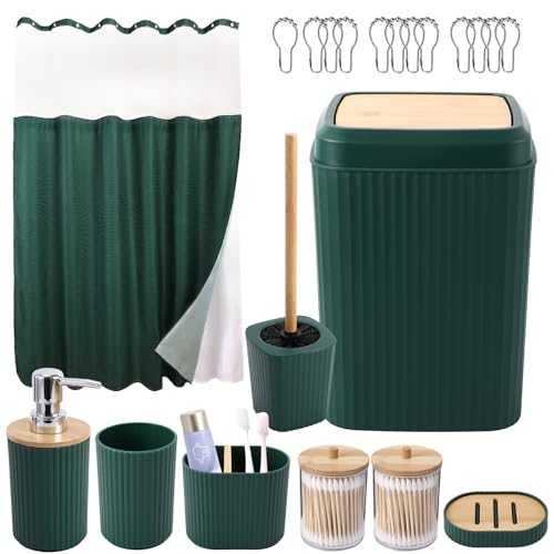 21 Pieces Green Bathroom Accessory Set, Shower Curtain with Snap in Fabric Liner and Hooks, Trash Can, Toilet Brush, Soap Dispenser, Toothbrush Holder, Tumbler, Soap Dish, Jars