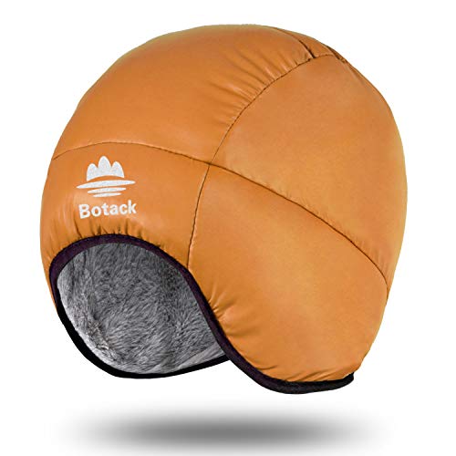 Botack Duck Down Earflap Hat, Ultra Lightweight Waterproof Windproof Down Fleece Warm Beanie Hat for Skiing Orange