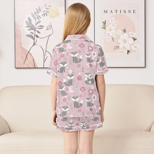 Grey Fox Pattern Summer Satin Pajama Set, Cute Button-Down Sleepwear Pj Set for Sleep Wears4