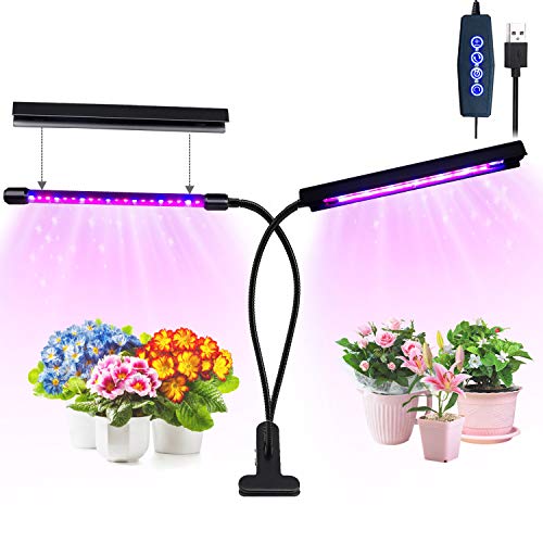 Grow Light, 20W 40 LED Bulbs Auto ON/OFF Plant Grow Lamp Dual Head Timing Grow Lights for Indoor Plants Seedlings with Red/Blue Spectrum Adjustable Gooseneck 3/6/12H Timer 5 Dimmable Levels