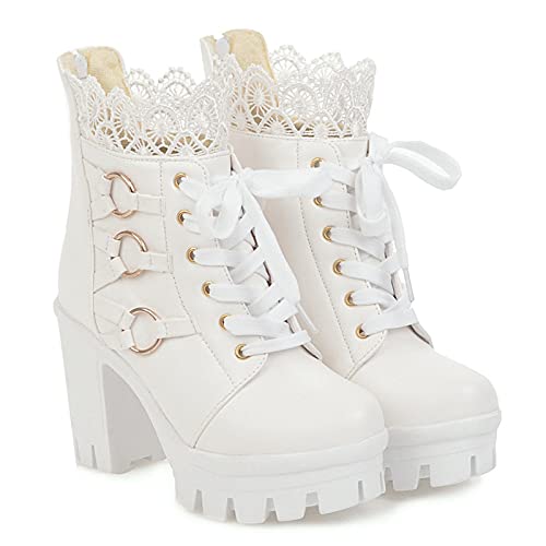 Pbnbp Womens Chunky Platform Combat Boots High Block Heel Round Toe Lace Up Ankle Boots Fall Lug Sole Lace Trim Booties Fashion Closed Toe Shoes Botas Para Mujer White thumb #4