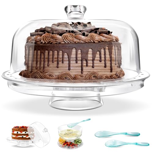 HEVOL - Expositor para Tartas con Cúpula de Plástico, Soporte para Tartas con Campana, Bandeja para Tartas con Diseño de Pie, con 1 Tenedor y 1 Cuchara