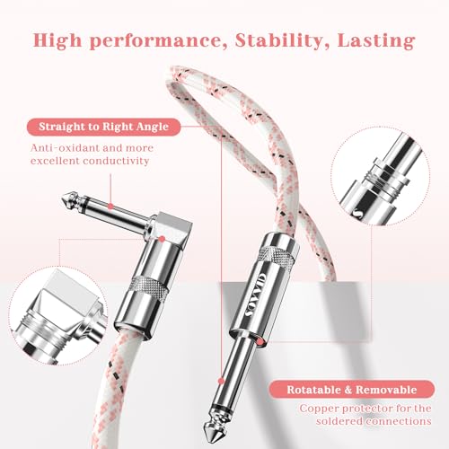Image of 10FT Instrument Cable - Electric Guitar & Bass Cable with Right Angle 1 /4 Inch Connector - Pink White