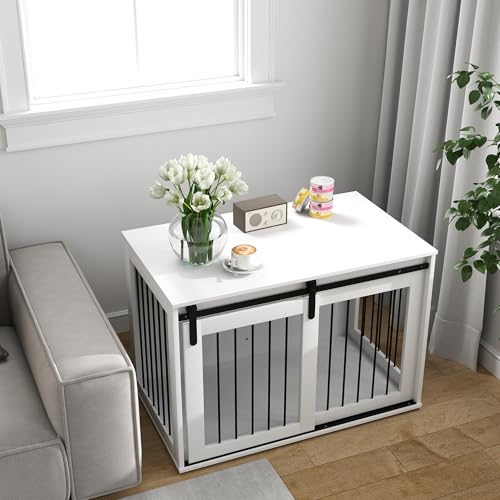 PawHut Hundekäfig 98 cm Hundebox für Zuhause mit Abschließbar Schiebetüren Moderne Metall Indoor Hundehütte für große Hunde Hundehaus 98 x 58 x 61 cm Weiß