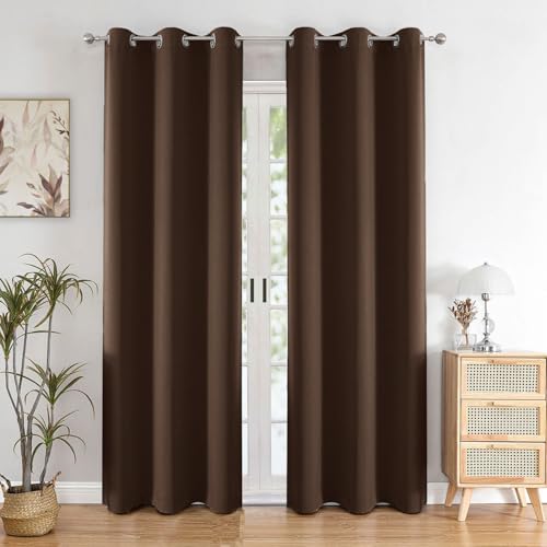 HOMEMONDE Solid Blackout Curtains 8 Feet for Long Door Set of 2 - Faux Silk 97% Blackout Thick Curtain for Living Room, Bedroom, Room Privacy & Thermal Insulation 96 Inch - (Dark Brown, 243x118 CMs)