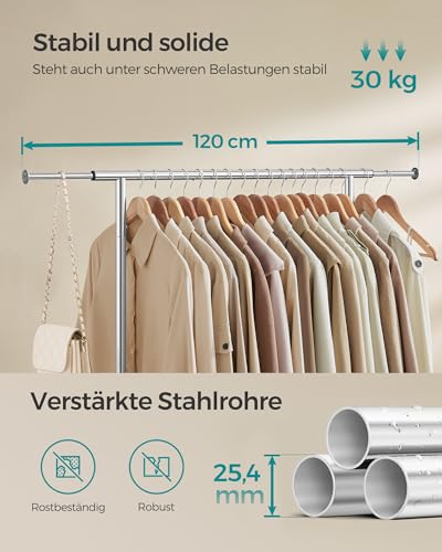 SONGMICS Stand Appendiabiti Con Ruote, Attaccapanni Estensibile in Metallo, Con Ripiano Portaoggetti Rialzato, 40 x (83-120) x 156 cm, Portata Totale 45 kg, Argento HSR134E01