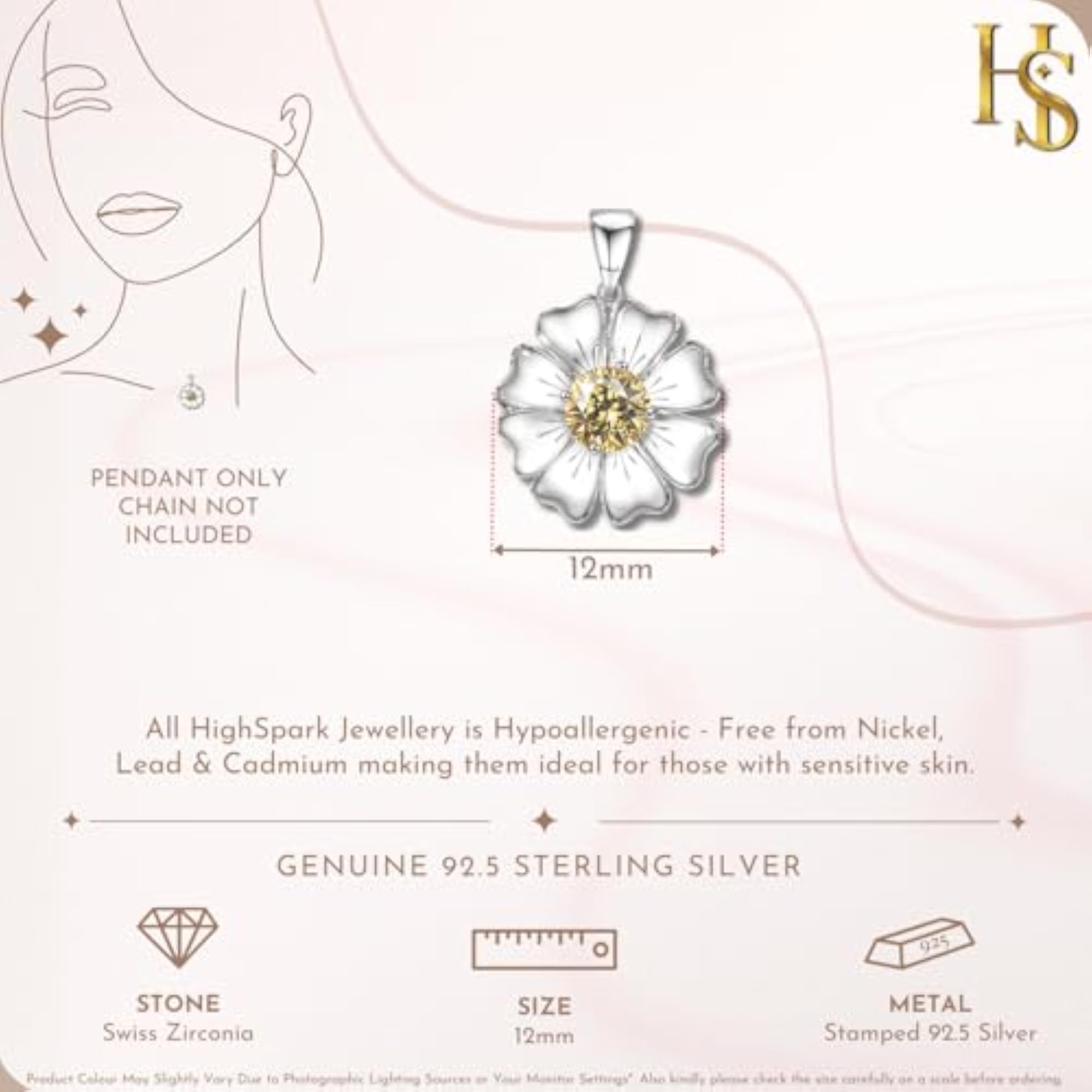 Women's 925 Sterling Silver Sunflower Solitaire Pendant with Zirconia
