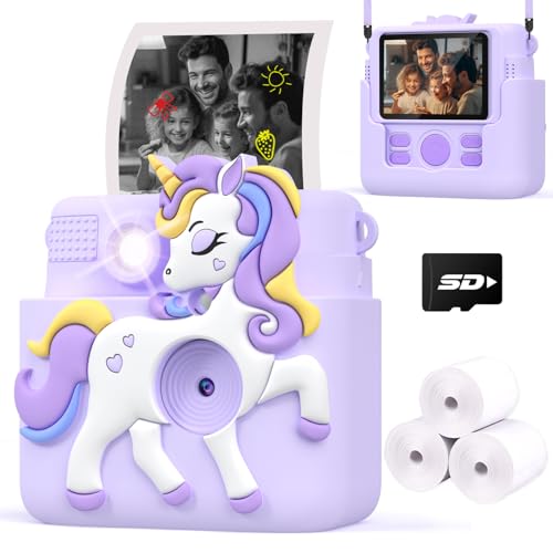 Kids Camera Instant Print Gifts for Girls Age 4-12, Instant Camera for Kids with Silicone Cover, 1080P Kids Digital Camera Toys for 3 4 5 6 7 8 9 10 Years Old Girls with Card Lilac