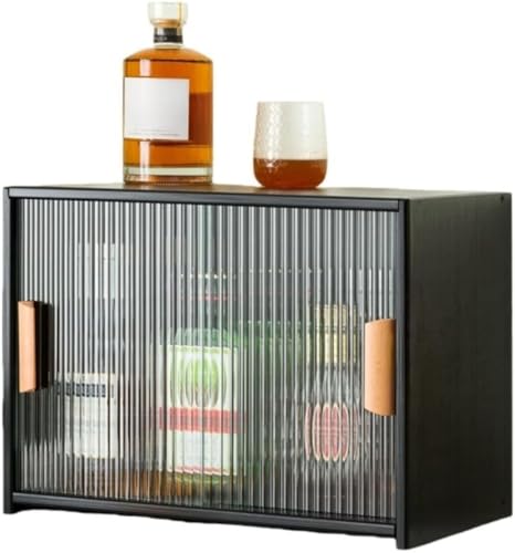 Barino ウォーターカップ収納ボックス ミニ卓上収納食器棚 竹製 キッチンカウンター カップボード 防塵 引き戸 防湿 防虫 大容量 キッチンキャビネット 調味料 お茶碗 小物入れ収納 ひとり暮らし用 簡単組立省スペース (45x28x34cm,ブラッ