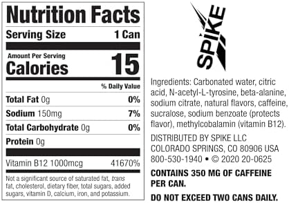 Spike Energy Drink Blue Raz Flavor - 350mg Caffeine, 800mg Beta-Alanine, 1000mcg Vitamin B12 - Sugar Free, Almost Zero Calories - Pre-Workout Brain Booster - 16 oz (Pack of 12)