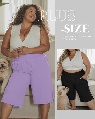 Neer 3 Pack Women's Plus Size Cotton Capri Pants High Waisted Wide Leg Loose Lounge Yoga Cropped Sweatpants with Pockets2