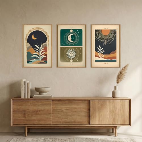 Image of KAIRNE Moody Sun and Moon Framed Canvas Wall Art Set,Boho Desert Botanical Wall Decor,Abstract Vintage Black Art Prints,Retro Southwestern Artwork for Living Room,Bedroom,Farmhouse,Office-16 x24 x3