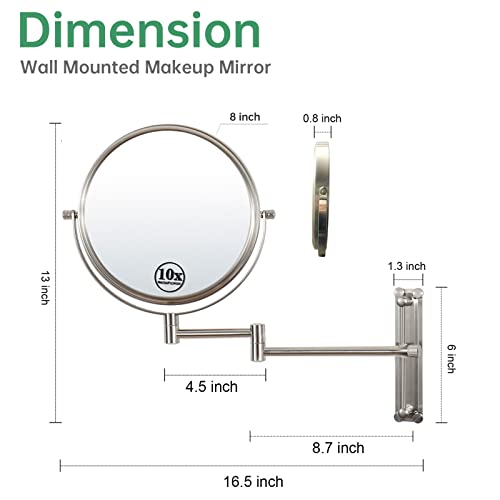 Wall Mounted Makeup Mirror, 10X Wall Mounted Magnifying Mirror Adjustable Height Double-Sided Mirrors For Bathroom Vanity, Round Shape (Brush Nickel) #TOP3
