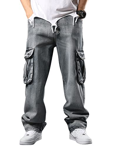 Men`s Cargo Jeans Workwear Stretchy Loose Zipper Pocket Denim Pants