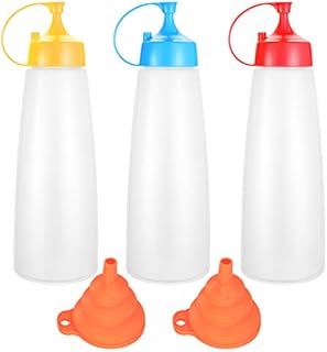 3PCS Squeeze Bottles with Caps, BPA Free No Leak Sauce Squeeze Bottle, Reusable Squeeze Containers with 2 Silicone Funnel for Olive Oil Tomato Sauce Salad Dressing Seasoning (550ml)