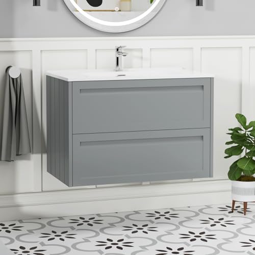 Image of Elmore 800mm Traditional Bathroom 2 Drawer Wall Hung Vanity Unit with Ceramic Basin - Matte Pebble Grey