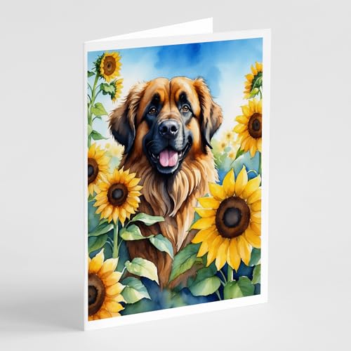 Caroline's Treasures Leonberger in Sunflowers Greeting Cards Pack of 8 Blank Cards with Envelopes Whimsical A7 Size 5x7 Blank Note Cards