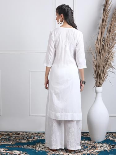 Image of Women's Lucknowi Chikankari Handwork Cotton Kurti, Palazzo and Dupatta Set