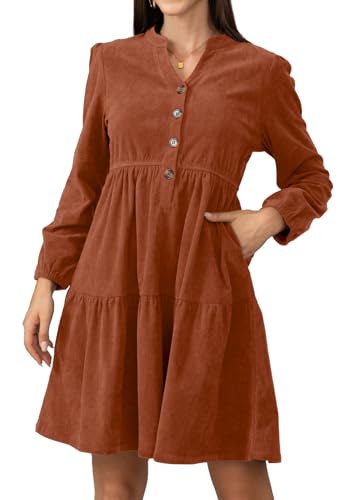Jayscreate Damen 2025 Langärmeliges Cordkleid über dem Knie, A-Linie, V-Ausschnitt, Herbst, Winter, kurzes Arbeitskleid, Orange/Abendrot im...