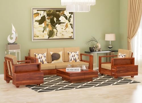 Image of Sheesham Wood 5 Seater Sofa Set with 2 Drawer Storage | 3+1+1 Wooden Sofa Set Furniture for Living Room Home Office (3+1+1 Seater,Honey)