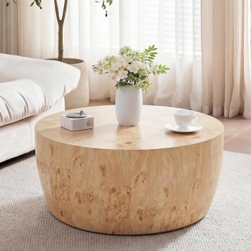 YYQ Upgraded 34.6" Round Coffee Table for Living Room, Burl Faux Marble Pattern Coffee Table, Reversible Drum Coffee Table, Tea Table Wooden Table for Home Office, No Assembly Required