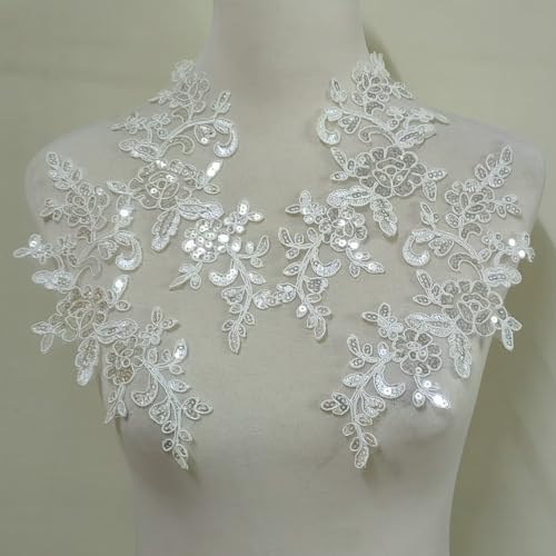 2 Pair Sequin Embroidered Clothing Accessories, Stickers/Wedding Dresses/Formal Dresses/Performance Decorations DIY Materials (White)