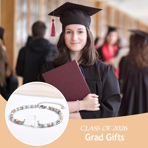 Image of Graduation Gifts for Her- Class of 2026 Primary Middle High School College Grad Gift, Adjustable Stainless Steel Beaded Cross Bracelet for Girls & Women
