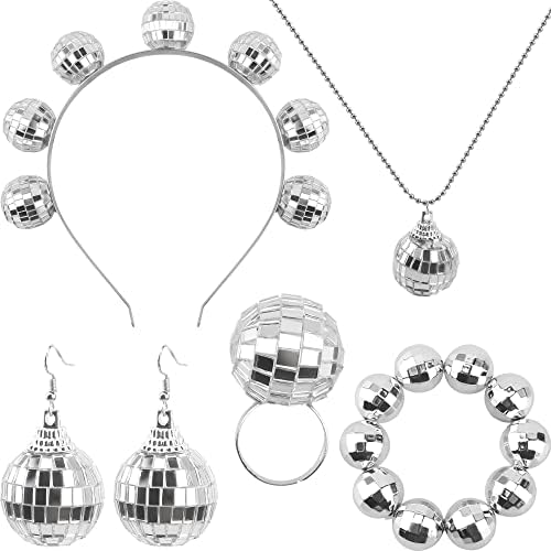 Fahacop 6 Pieces 70s Silver Disco Accessories Disco Ball Headband Necklaces Bracelet Ring Earrings Set for Women and Girls 70s Retro Disco Party Costume Accessories