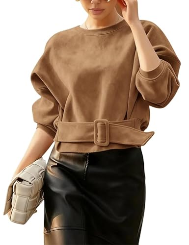 Ziqoty Women Faux Suede Cropped Top Belted Buckle Long Sleeve