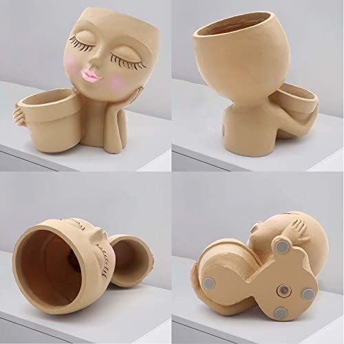 Face Planter Pot Head Planter Succulent Planter - Double Flower Pots In One For Indoor Outdoor Plants Cute Lady Resin Head Planter With Drainage Hole Beige #TOP3