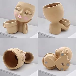 Face Planter Pot Head Planter Succulent Planter Double Flower Pots in One for Indoor Outdoor Plants Cute Lady Resin Head Planter with Drainage Hole Beige
