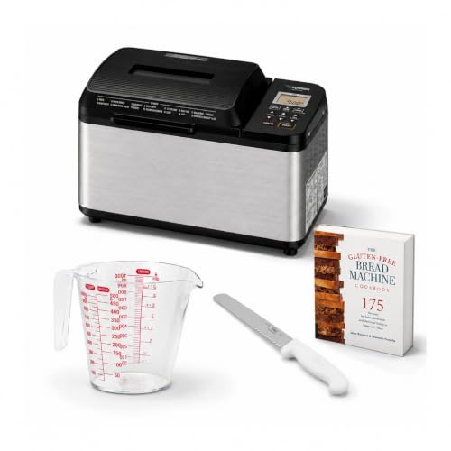 Zojirushi Bread Machine - Bake Artisan Breads with Ease - Dual Heaters - 2 LB Loaf Size - Gluten-Free Settings and More Bundle with 8-inch Bread Knife, Measuring Cup, and Cooking Book (4 Items)