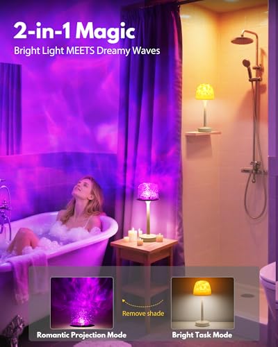 Funlenry Spa-Like Shower Lamp - Waterproof Bathroom Lamp with 16 Color Ocean Wave Projector, Rechargeable Table Lamp with Remote & Touch Control, Cordless Light for Shower, Bathroom, Bathtub