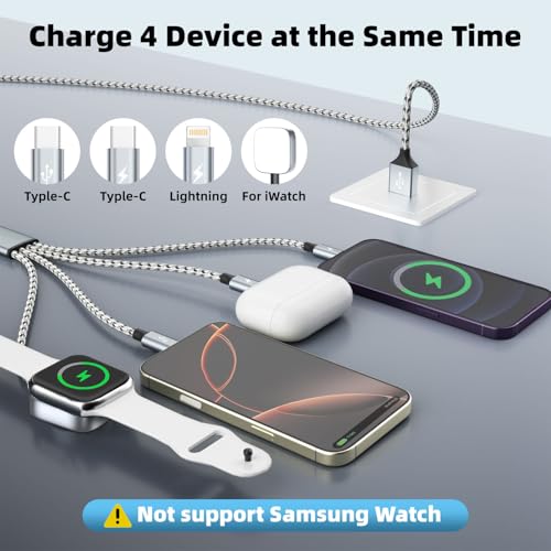 Image of Travel Essentials 4in1 Multi Charging Cable for iPhone Watch Charger 3PK5FT | USB A to Dual Type C /IP /iWatch Charger Travel Chargers for Multiple Devices Compatible with iWatch Ultra /11-2&iPhone 17-8