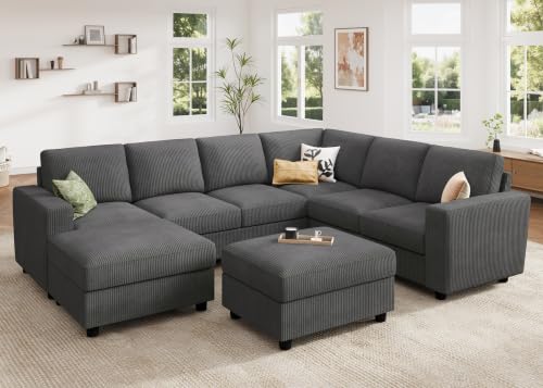 Image of HONBAY Corduroy Sectional Couch with Storage, U Shaped Sectional Sofa, 8 Seater Sectional Couches for Living Room, Dark Gray