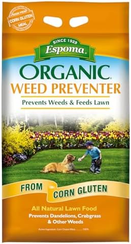 Espoma Organic Weed Preventer Plus Lawn Food from 100% Corn Gluten Meal. Helps Prevent Weed Seed Establishment and Provides Organic nitrogen That Keeps lawns a deep Green Color. 25 lb. Bag