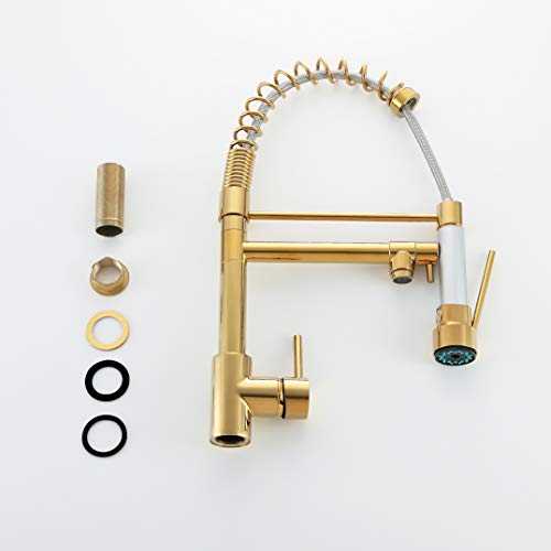 Jinyuze Luxury Single Hole Pull Out Spring Sprayer Dual Spout Kitchen Faucet Solid Brass,Gold #TOP5
