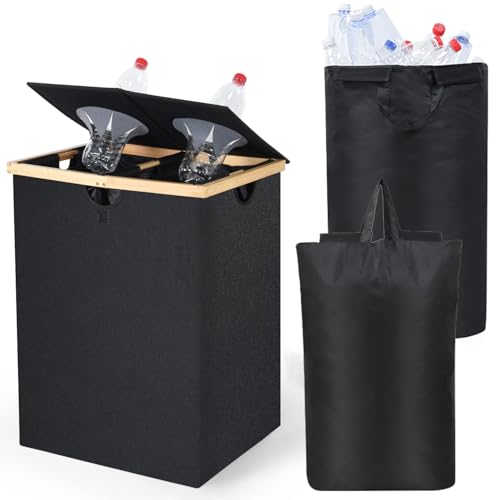 OTraki 140L Recycling Bin, Two Compartment Bin Indoor Recycling Bins with Lid Deposit Bottle Collector Bins with 2 Reusable Bags, Bin Waste Recycling and Laundry Basket
