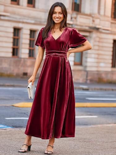 Image of Simplee Women's Velvet Maxi Dress V Neck Short Sleeve Empire Waist Semi Formal Long Cocktail Dresses
