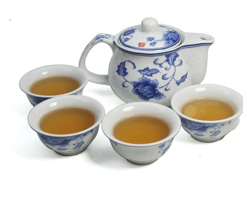 Image of Small Teapot 9oz Blue and White Porcelain Tea Pot with Stainless Steel Infuser Classical Chinese Penoy Flower (Peony)