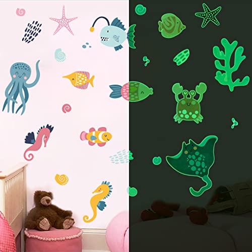Mulaibdin 26 Pièces Autocollant phosphorescent thème de l’océan, Dessin Animé Mignon Mer Autocollant Enfants Plafond, Stickers Salle de Bain, Fluorescent Ocean Deco Chambre Bébé Garçon, Mer Animaux Cover