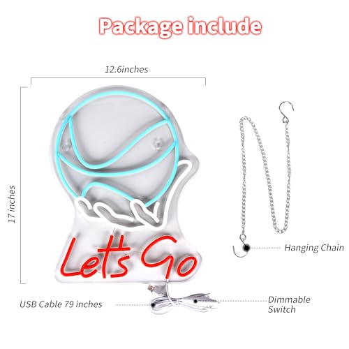 Image of 'Let's Go' Basketball Neon Sign for Wall Decor - 17 inchx12.6 inch, Dimmable LED Sign for Room Decor. Ideal for Boys' & Men's Bedrooms, Living Rooms, & Sports Man Caves. Cool Blue & Red Basketball Gifts Idea!
