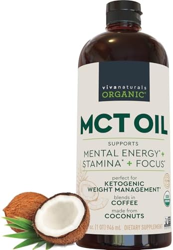 Viva Naturals Organic MCT Oil, 32 fl oz – MCT Oil for Coffee, USDA Organic, Non-GMO, Paleo Certified & Keto Friendly, Supports Energy & Mental Clarity