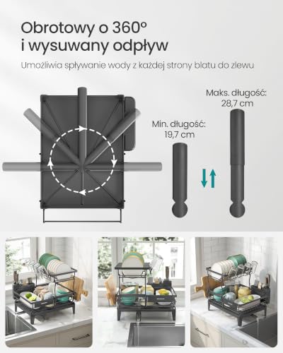 SONGMICS Stojak do suszenia naczyń, ociekacz na blat kuchenny, obracana o 360° i wysuwana wylewka, deska ociekowa, z uch