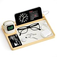 Valet Tray & Charger Stand - Nightstand Organizer, Desk Drawer Organizer Tray Compatible with All Apple Watch Series (1-10, Ultra, Ultra2, SE, SE2), for Jewelries, Watch, Key, Wallet, Phone,Bamboo