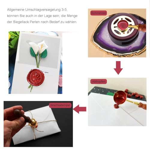 BJOYEE 400 Stück Siegelwachs, Siegelwachs Perlen mit 1 Schmelzlöffel, achteckiges Wachssiegel-Set für Stempel, für Einladungen/Umschläge/Karten/Weinpakete/Geschenkverpackungen(Rot+Gold)