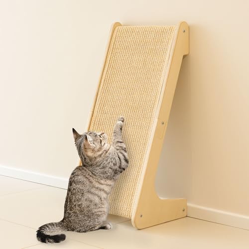 PETKARAY Tiragraffi per Gatti a Forma di L, 64 cm, Palo da Grattare in Sisal Naturale, Montaggio a Muro o a Terra, Protezione dei Mobili con Erba Gatta, Design Classico