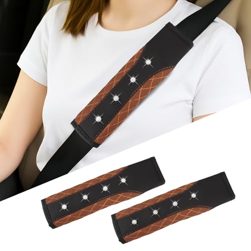 Hovom 2PCS Bling Car Seat Belt Cover Pad, Leather Seatbelt Covers for Cars, Soft Safety Seatbelt Shoulder Strap Covers, Rhinestone Auto Seat Belt Protector Cushion for Women Girls (Coffee)