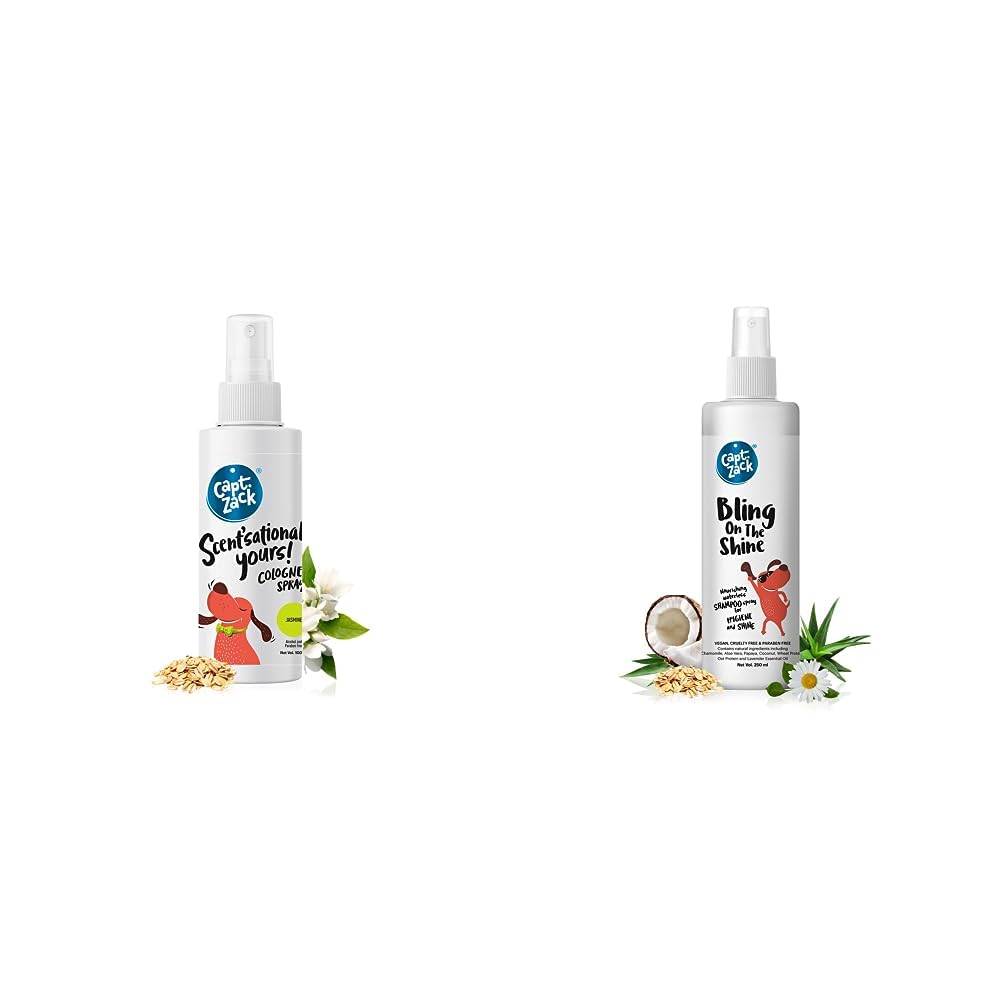 Captain Zack Scent’sationally Yours | Dog & Cat Cologne | For All Breeds | Jasmine | 100ml & Captain Zack 4-in-1 Dog Spray Shampoo for All Breeds | Bling On The Shine 250ml Nourishing Dry Waterless